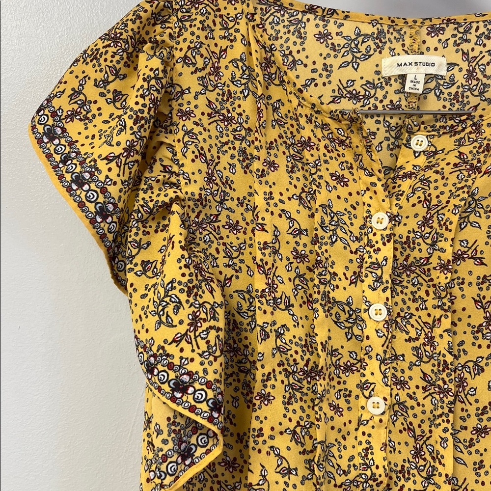 Max Studio Mustard Floral Blouses Babydoll Style sz L - Picture 3 of 5